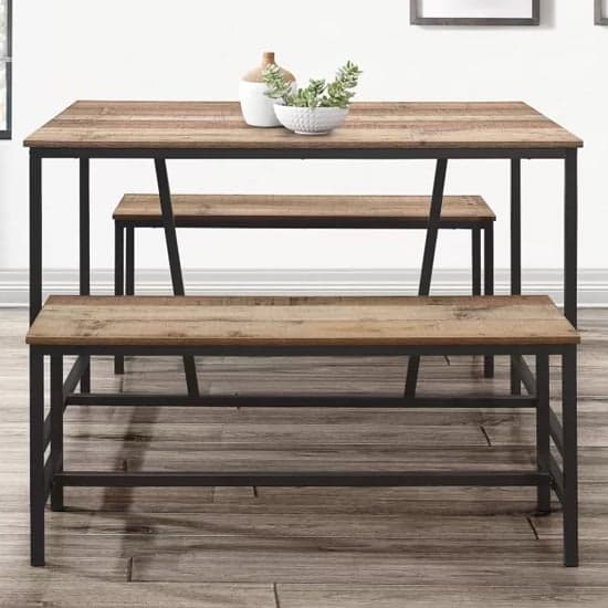 Urbana Wooden Dining Table With 2 Benches In Rustic_2