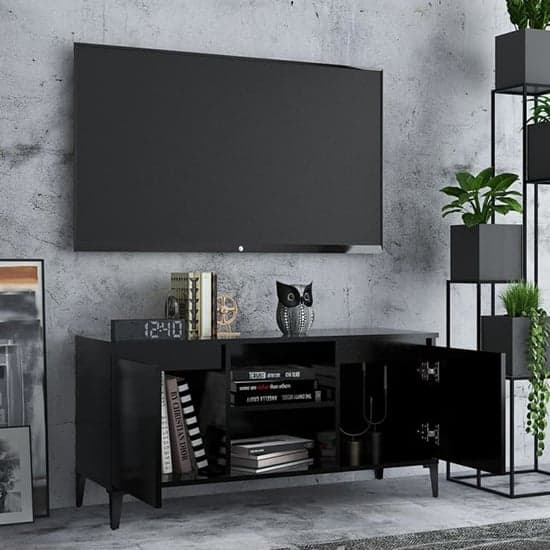 Usra Wooden TV Stand With 2 Doors And Shelf In Black_2