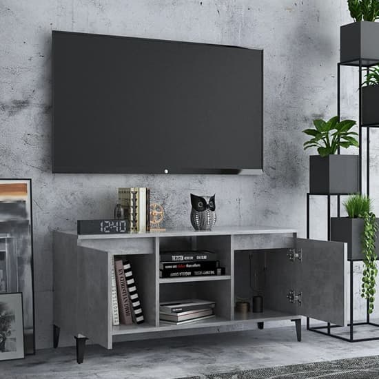 Usra Wooden TV Stand With 2 Doors And Shelf In Concrete Effect_2