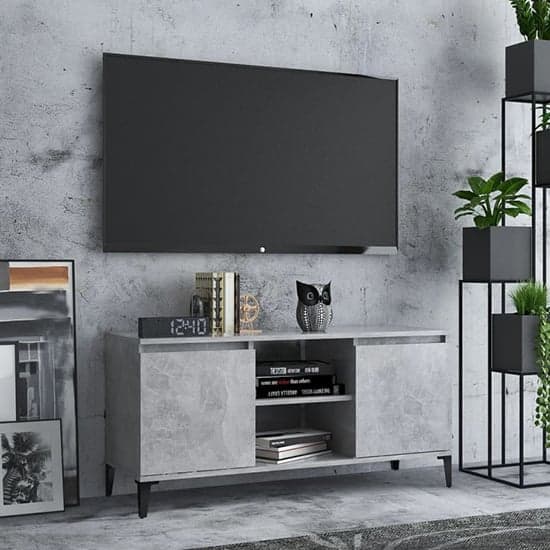 Usra Wooden TV Stand With 2 Doors And Shelf In Concrete Effect