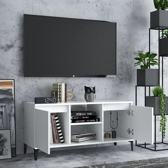 Usra Wooden TV Stand With 2 Doors And Shelf In White_2