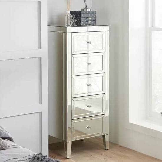 Valence Mirrored Chest Of 5 Drawers Narrow In Silver_1