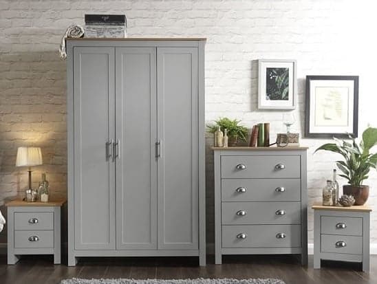 Loftus Wooden Bedroom Furniture Set In Grey With Oak Top