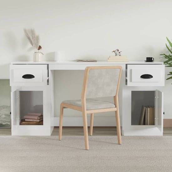 Vance High Gloss Computer Desk With 2 Doors 2 Drawers In White_2