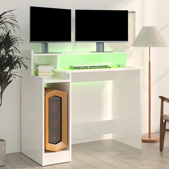 Velez High Gloss Computer Desk In White With LED Lights_2