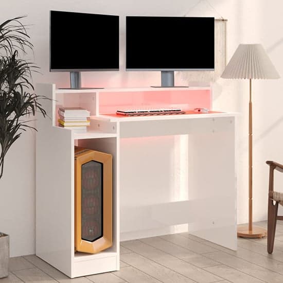 Velez High Gloss Computer Desk In White With LED Lights_3