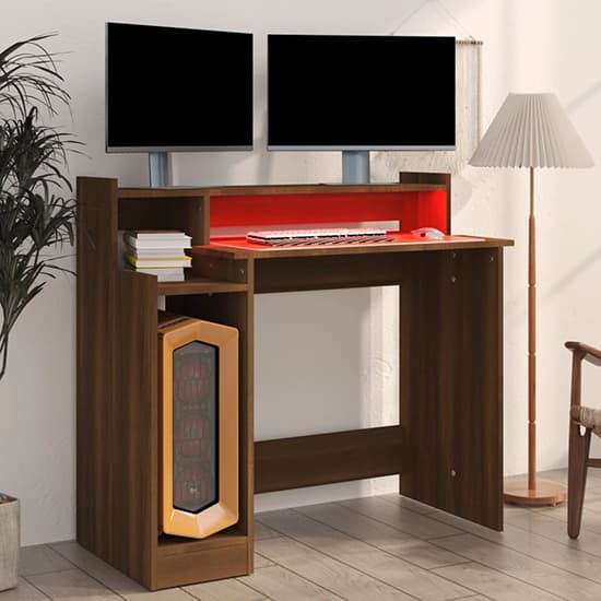 Velez Wooden Computer Desk In Brown Oak With LED Lights_3