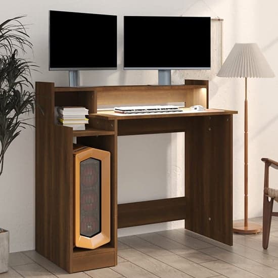Velez Wooden Computer Desk In Brown Oak With LED Lights_4