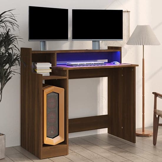 Velez Wooden Computer Desk In Brown Oak With LED Lights_1