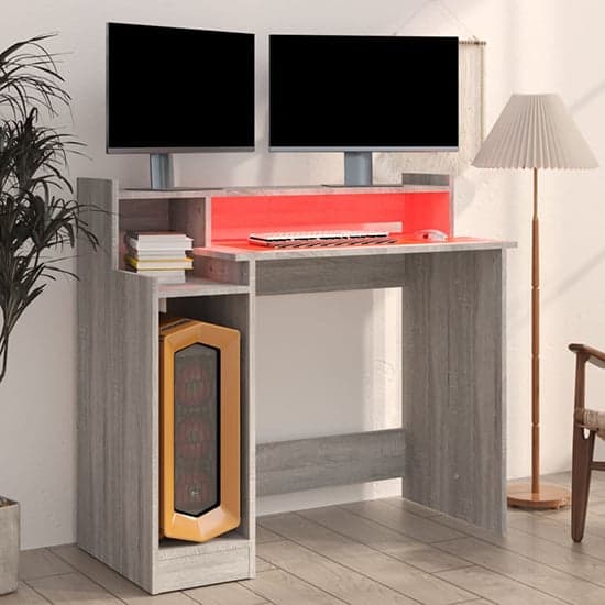 Velez Wooden Computer Desk In Grey Sonoma Oak With LED Lights_2
