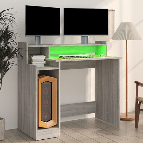 Velez Wooden Computer Desk In Grey Sonoma Oak With LED Lights_3