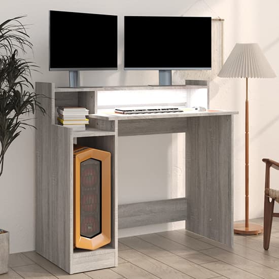 Velez Wooden Computer Desk In Grey Sonoma Oak With LED Lights_4
