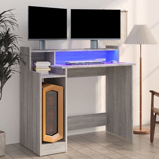 Velez Wooden Computer Desk In Grey Sonoma Oak With LED Lights_1