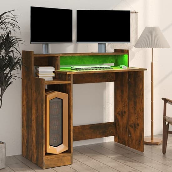 Velez Wooden Computer Desk In Smoked Oak With LED Lights_2