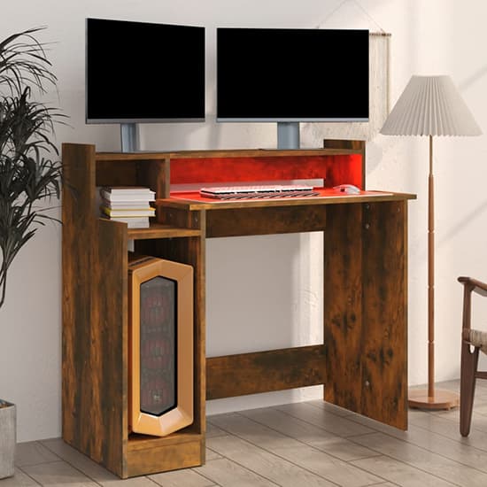 Velez Wooden Computer Desk In Smoked Oak With LED Lights_3