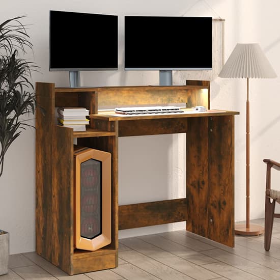 Velez Wooden Computer Desk In Smoked Oak With LED Lights_4