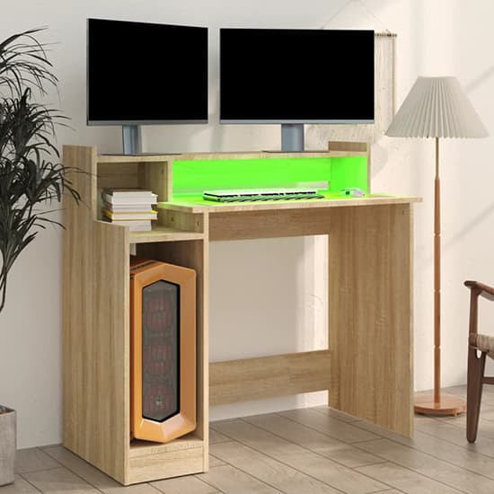 Velez Wooden Computer Desk In Sonoma Oak With LED Lights_2