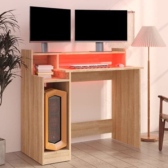 Velez Wooden Computer Desk In Sonoma Oak With LED Lights_3