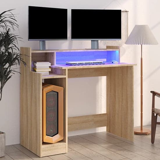 Velez Wooden Computer Desk In Sonoma Oak With LED Lights_1