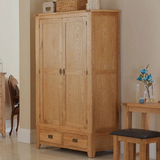 Velum Double Door Wardrobe In Chunky Solid Oak With 2 Drawers_1