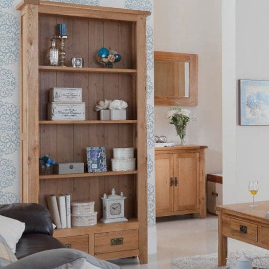 Velum Wooden Tall Bookcase In Chunky Solid Oak With 2 Drawers_2