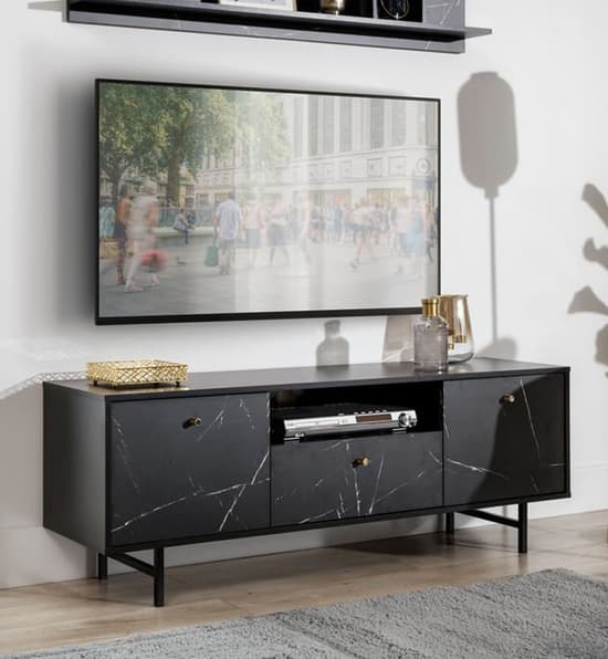 Venice Wooden TV Stand 2 Doors 1 Drawer In Black Marble Effect_1