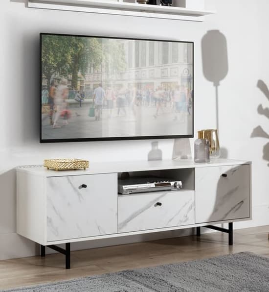 Venice Wooden TV Stand 2 Doors 1 Drawer In White Marble Effect_1