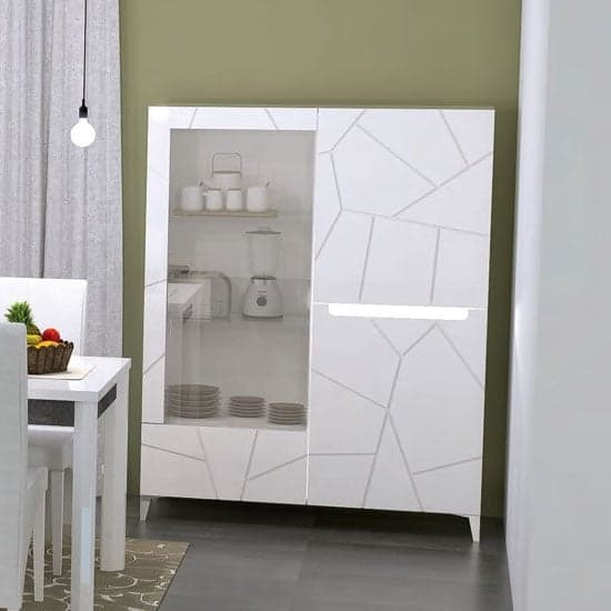 Venice Display Cabinet In White High Gloss Slate With Lighting_1