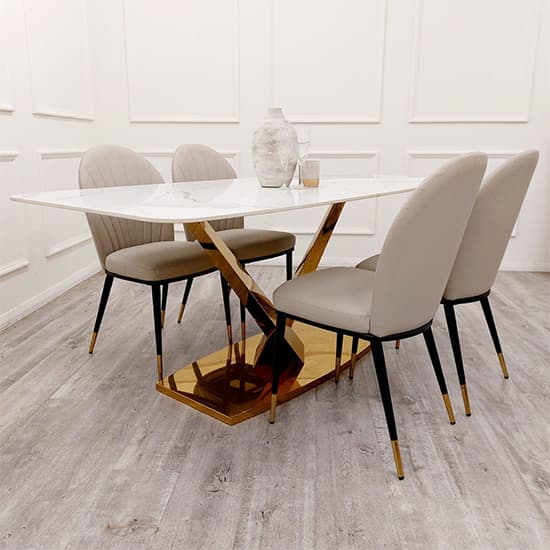 Vernon Polar White Sintered Stone Dining Table With Gold Base_4