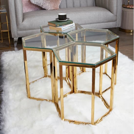 Vestal Clear Glass End Table Hexagon With Gold Frame_4