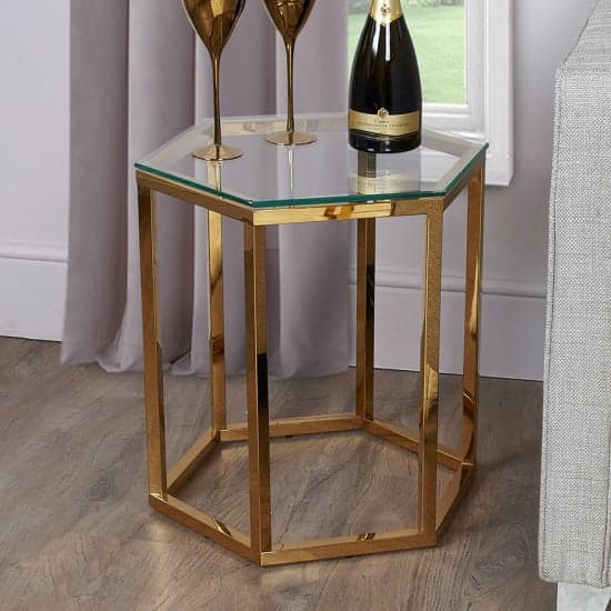 Vestal Clear Glass End Table Hexagon With Gold Frame_1