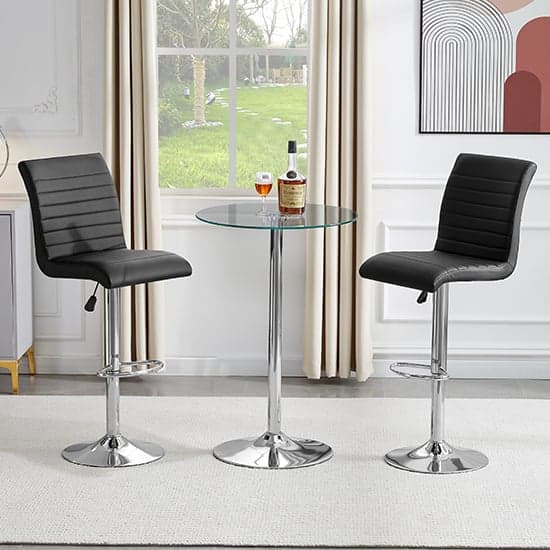 Vetro Round Clear Glass Bar Table With 2 Ripple Black Stools_1