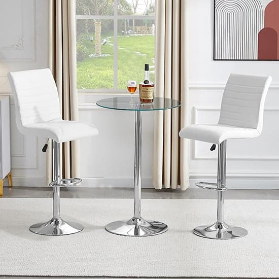 Vetro Round Clear Glass Bar Table With 2 Ripple White Stools_1