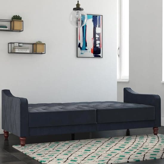 Vincenzo Tufted Futon Velvet Sofa Bed With Wooden Legs In Blue_3