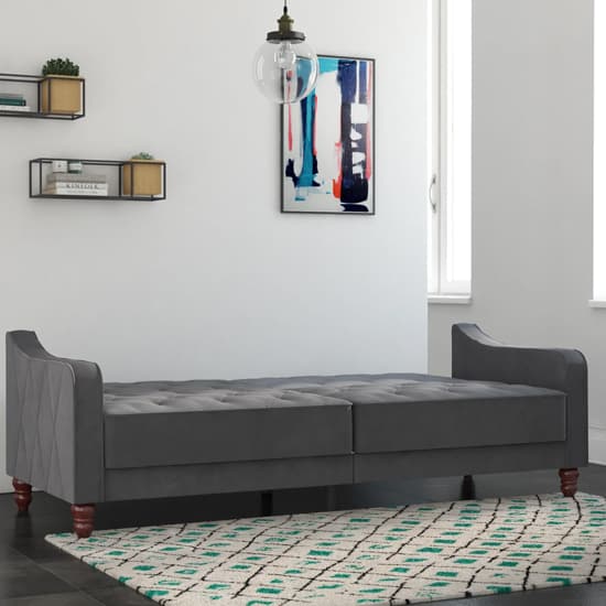 Vincenzo Tufted Futon Velvet Sofa Bed With Wooden Legs In Grey_3