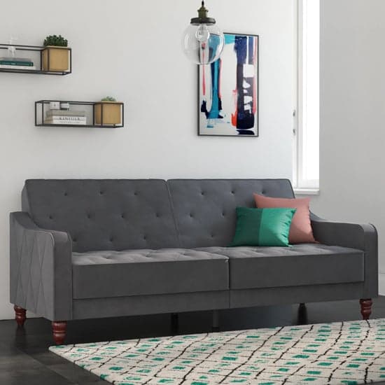 Vincenzo Tufted Futon Velvet Sofa Bed With Wooden Legs In Grey_1