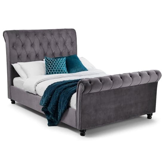 Vaike Velvet Upholstered Sleigh Double Bed In Grey_2