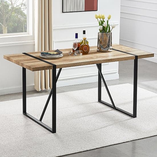 Vione Rectangular Wooden Dining Table With Black Metal Legs