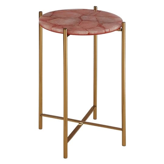 Sauna Round Quartz Side Table With Gold Steel Frame In Pink_2