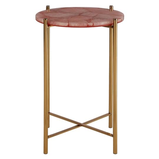 Sauna Round Quartz Side Table With Gold Steel Frame In Pink
