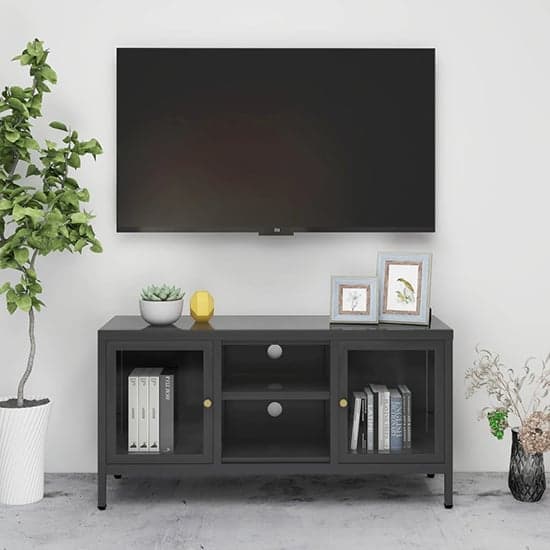 Voss Clear Glass TV Stand With 2 Doors In Anthracite Frame
