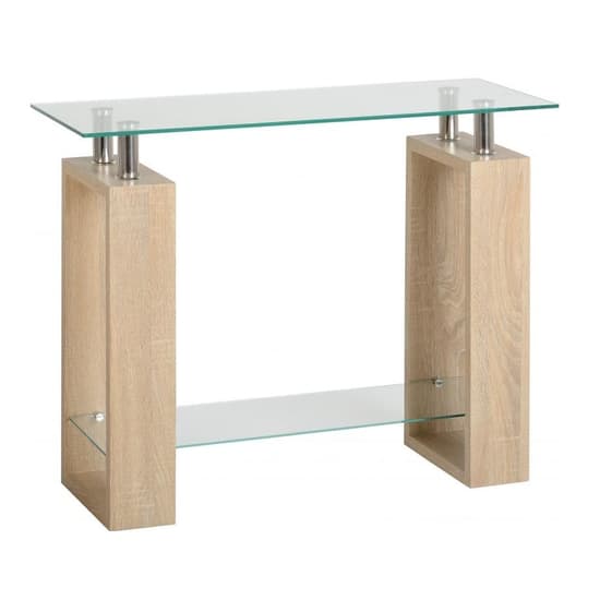 Medrano Clear Glass Console Table With Sonoma Oak Legs_1