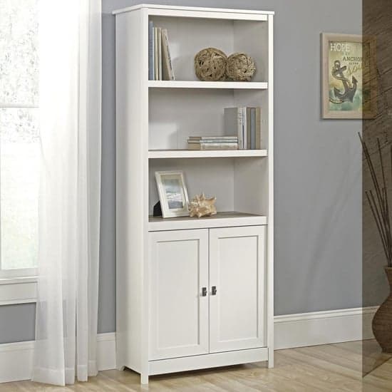 Wellton Wooden Bookcase With Doors In White And Lintel Oak_1