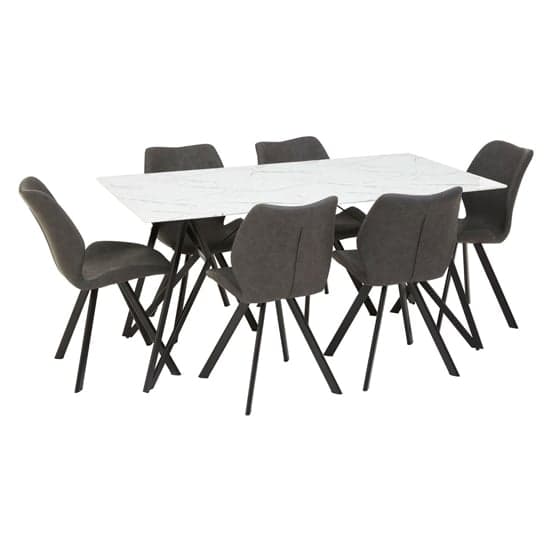 Wesko Glass Top Dining Table In White With 6 Grey Leather Chairs_1