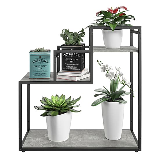 Warton Wooden Plant Stand With Metal Frame In Light Concrete_4