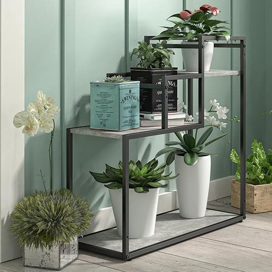 Warton Wooden Plant Stand With Metal Frame In Light Concrete