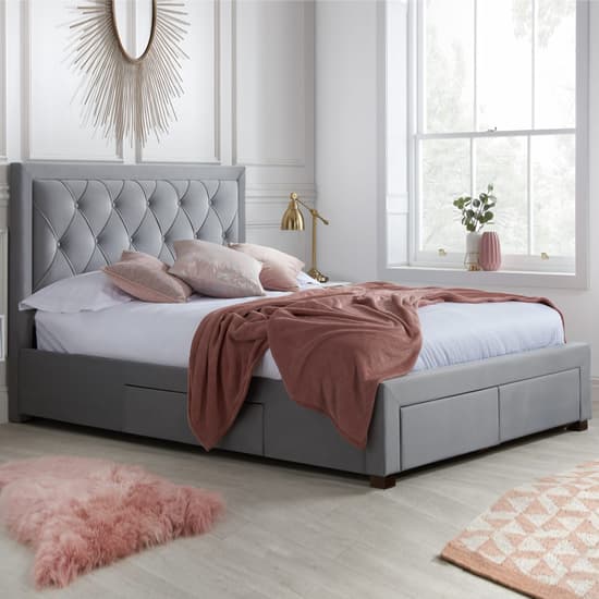 Woodberry Fabric Double Bed With 4 Drawers In Grey Furniture in Fashion