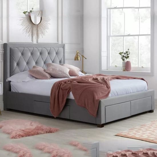 Woodberry Fabric King Size Bed With 4 Drawers In Grey Furniture in