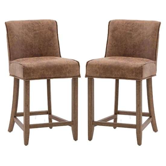 Worland Brown Leather Bar Chairs With Wooden Legs In Pair_1