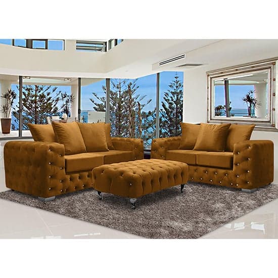 Worley Malta Plush Velour Fabirc 3 Seater Sofa In Gold_2